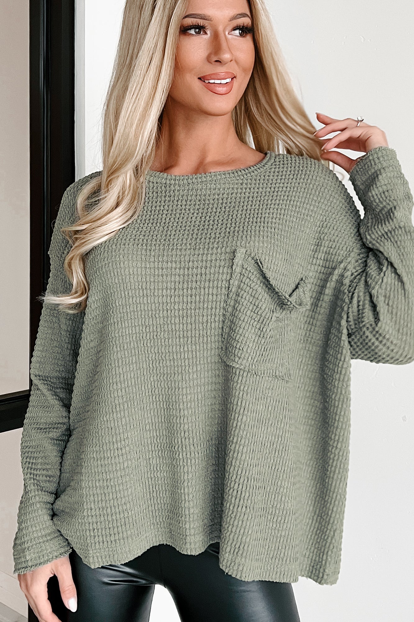 Doorbuster In A Chill Mood Oversized Waffle Knit Top (Light Olive) - NanaMacs