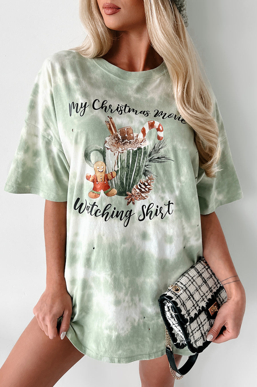 Doorbuster "My Christmas Movie Watching Shirt" Oversized Distressed Tie-Dye Graphic T-Shirt (Pastel Green) - Print On Demand - NanaMacs
