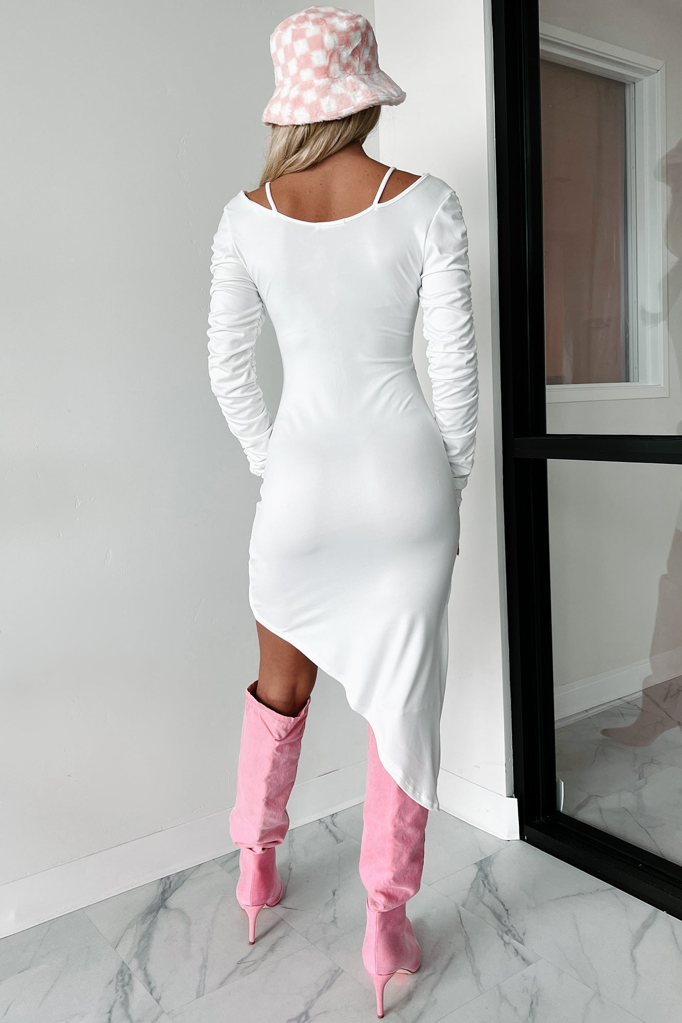 Doorbuster Kerry Twist-Front Ruched Sleeve Mini Dress (Soft White) - NanaMacs