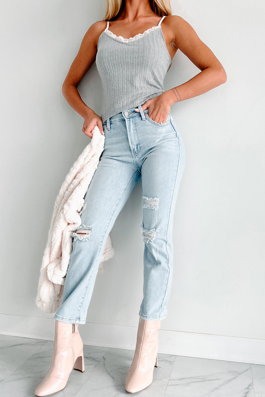 Doorbuster Kristen High Rise Distressed Cropped Jeans (Light Denim) - NanaMacs
