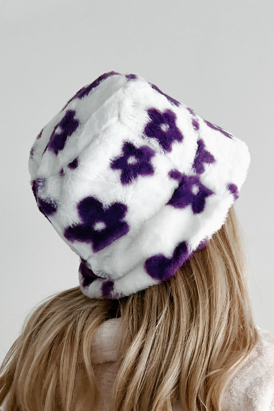 Doorbuster New Hat Who Dis Flower Print Faux Fur Bucket Hat (Purple) - NanaMacs