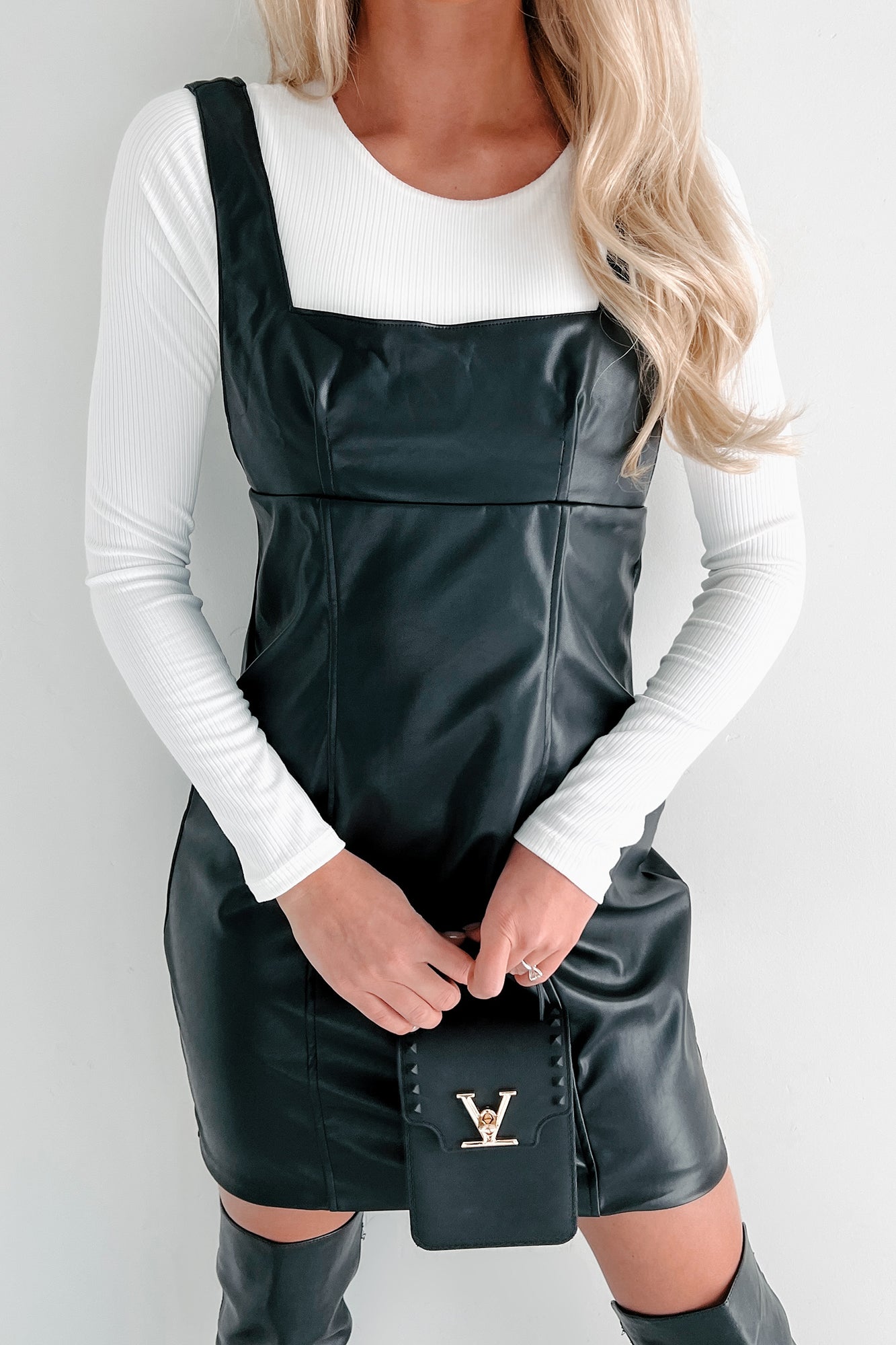 Doorbuster Felt Real To Me Faux Leather Mini Dress (Black) - NanaMacs