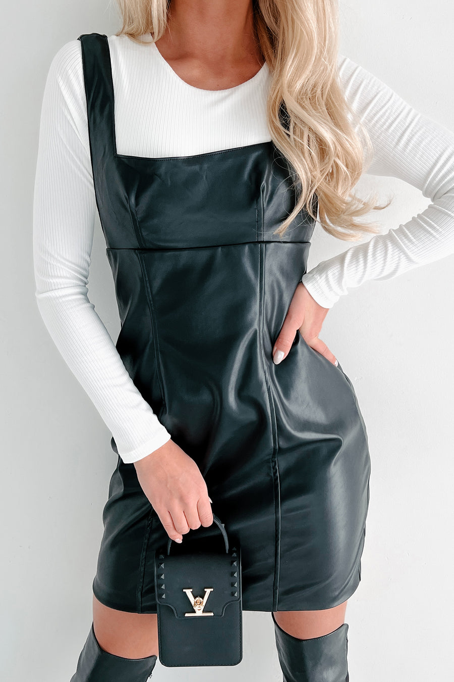 Doorbuster Felt Real To Me Faux Leather Mini Dress (Black) - NanaMacs