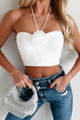 She's Posh Ruched Halter Crop Top With Flower Detail (Off White) - NanaMacs