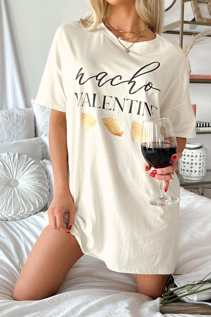 "Nacho Valentine" Oversized Graphic T-Shirt Dress (Vanilla) - Print On Demand - NanaMacs