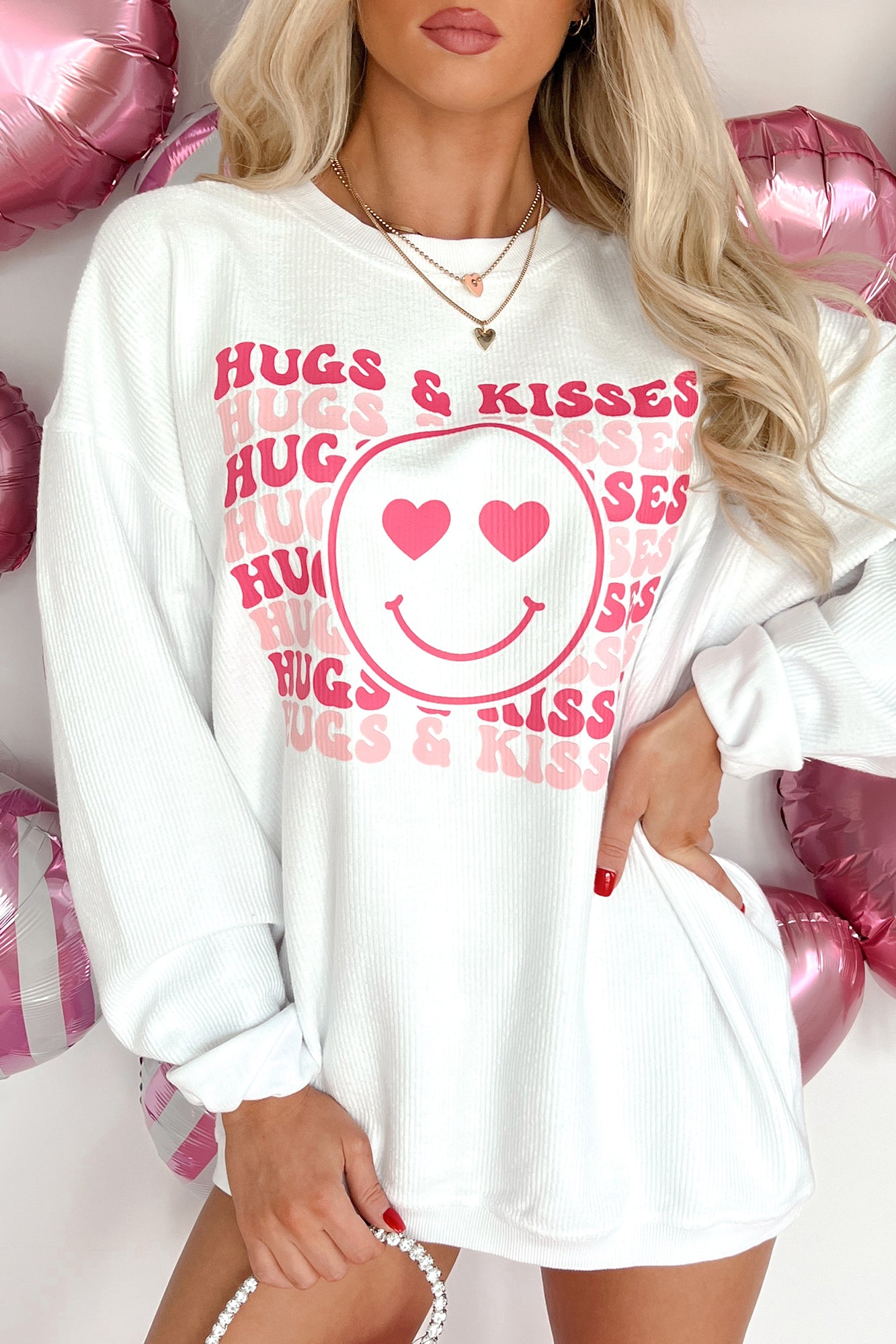 "Hugs & Kisses" Corded Graphic Crewneck (White) - Print On Demand - NanaMacs