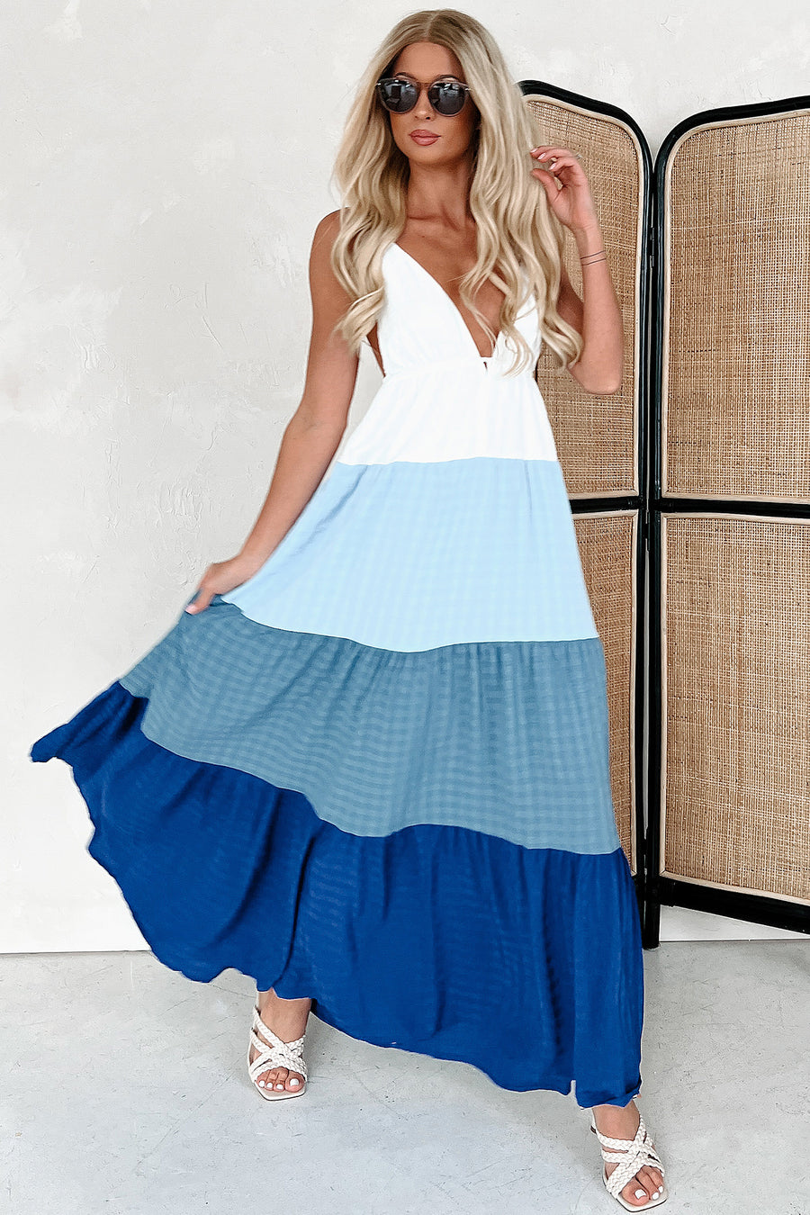 Meet Me In Mykonos Tiered Colorblock Maxi Dress (Blue Multi) - NanaMacs