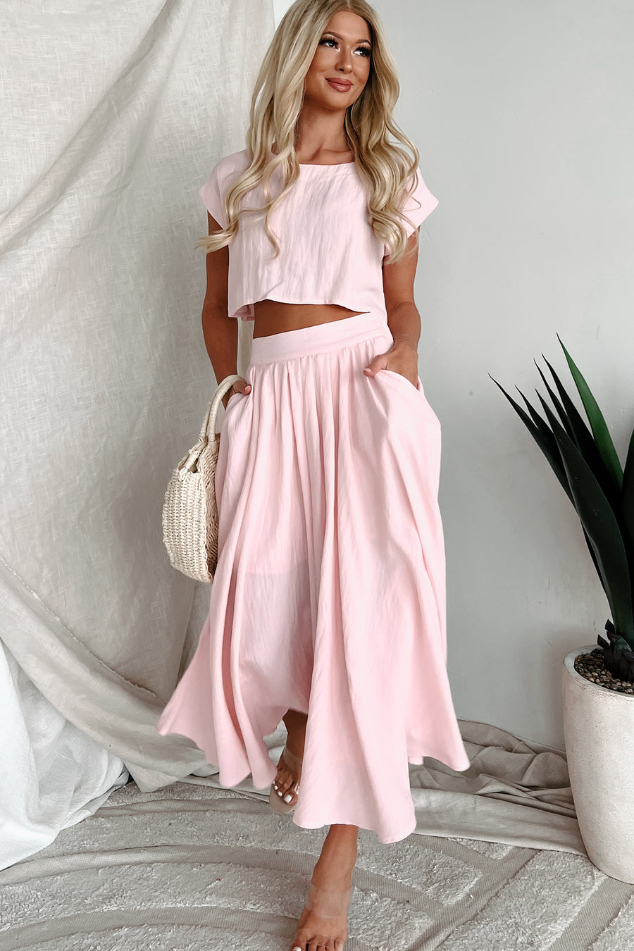 Soft Breeze Crop Top & Midi Skirt Set (Bubble Pink) - NanaMacs