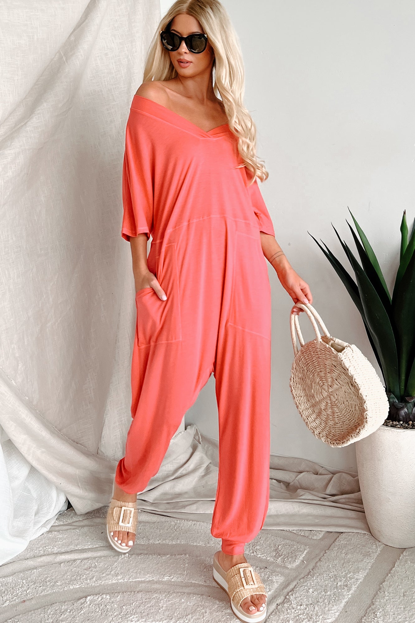 Tired Eyes Short Sleeve Slouchy Jumpsuit (Coral) · NanaMacs