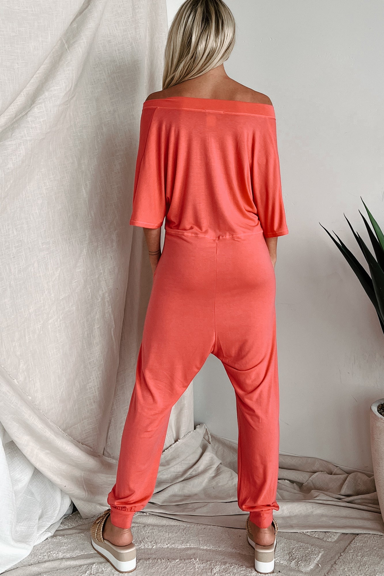 Tired Eyes Short Sleeve Slouchy Jumpsuit (Coral) - NanaMacs