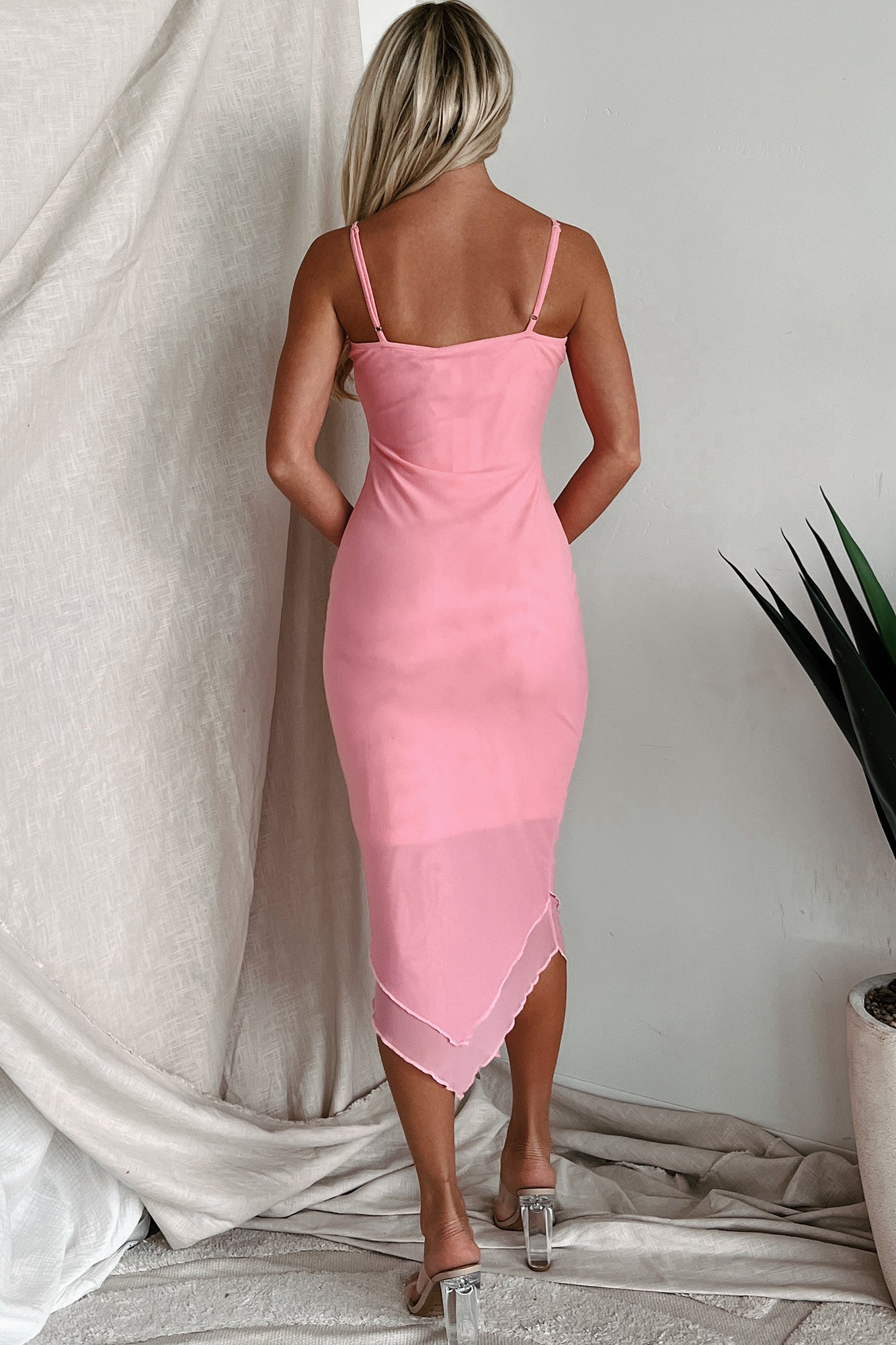 Blurred Lines Pointed Hem Mesh Midi Dress (Pink) - NanaMacs