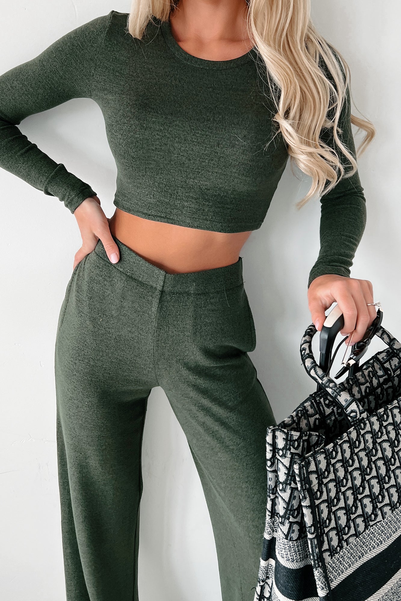 Asa Heathered Knit Crop Top & Pants Set (Olive) · NanaMacs