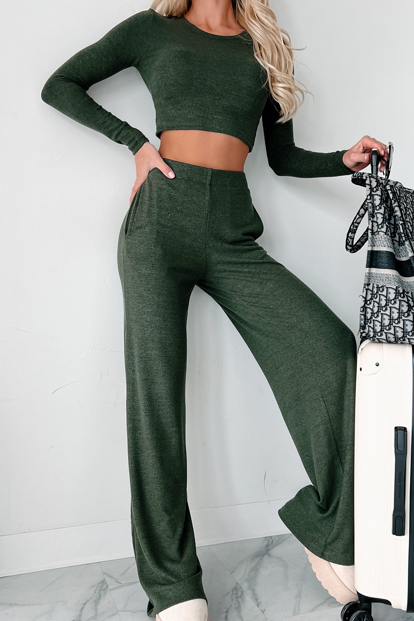 Asa Heathered Knit Crop Top & Pants Set (Olive) - NanaMacs