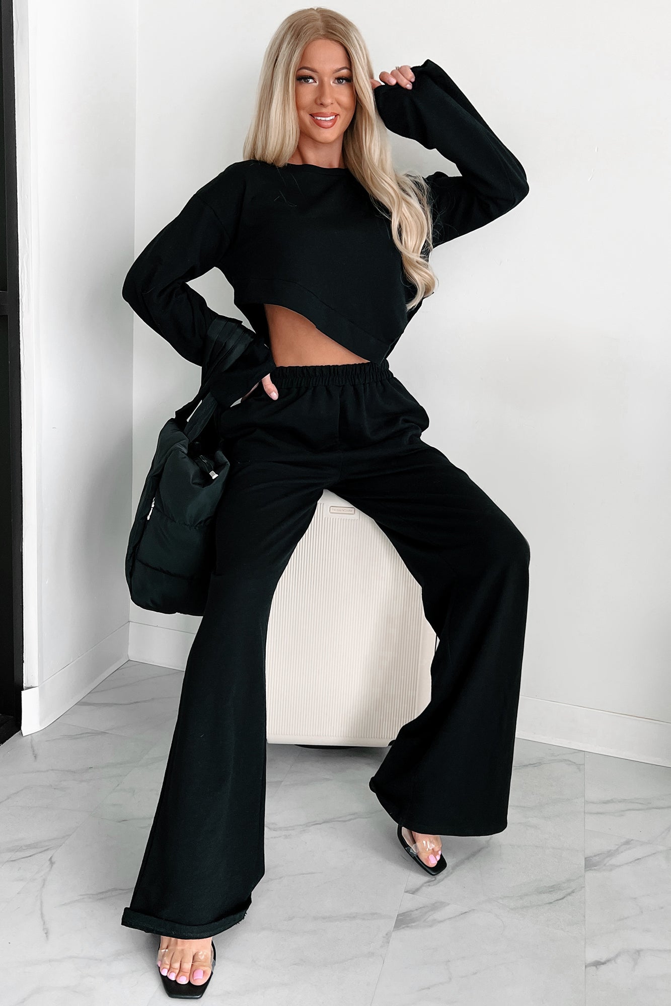 Feeling At Home Crop Top & Pants Loungewear Set (Black) - NanaMacs