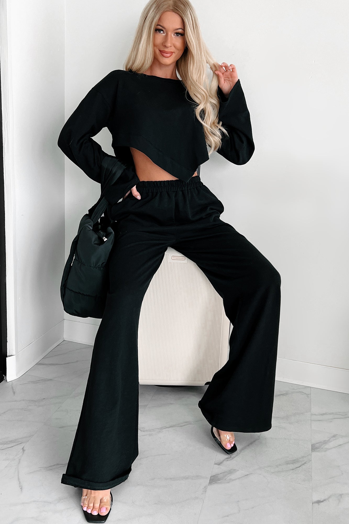 Feeling At Home Crop Top & Pants Loungewear Set (Black) - NanaMacs