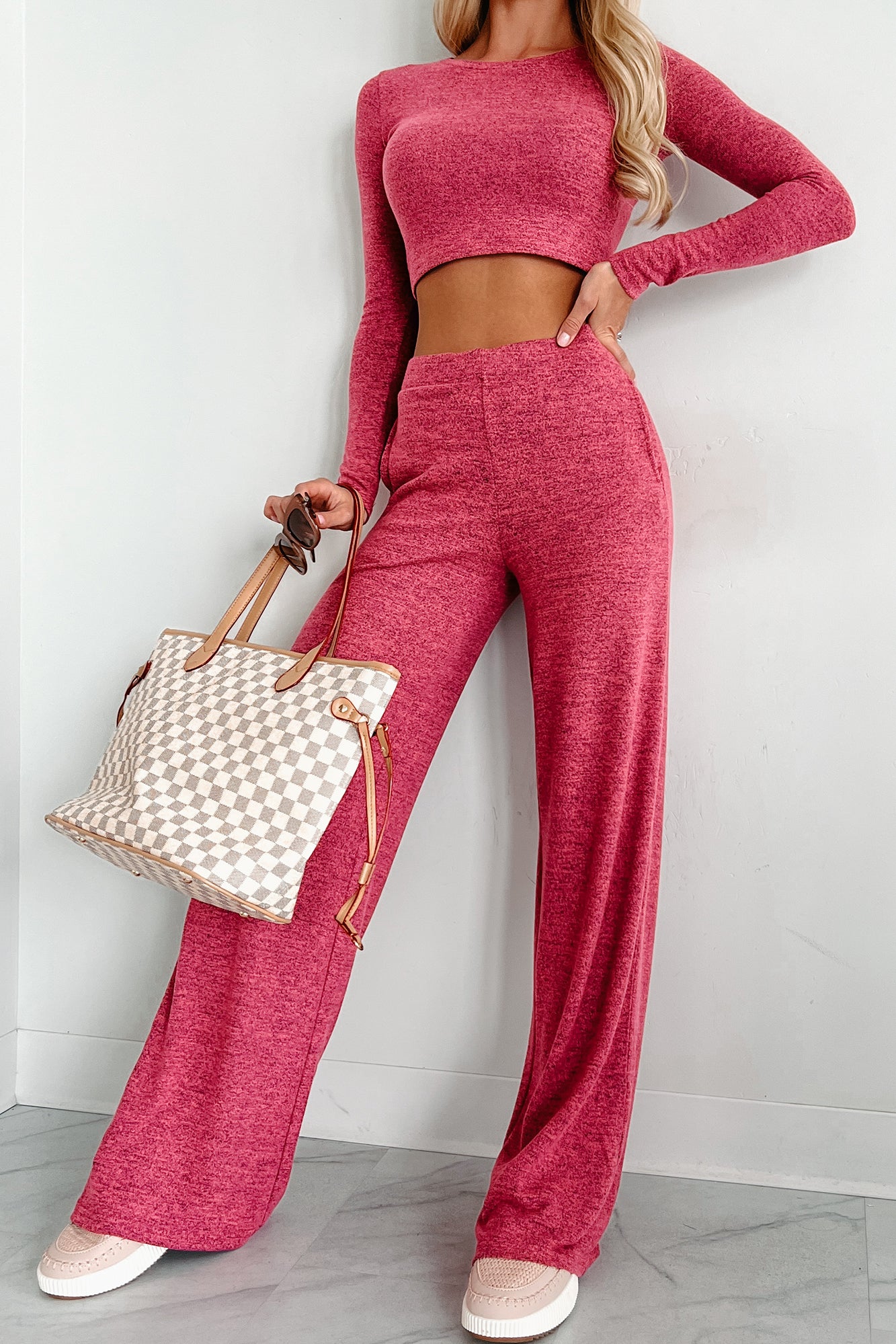 Asa Heathered Knit Crop Top & Pants Set (Hot Pink) - NanaMacs