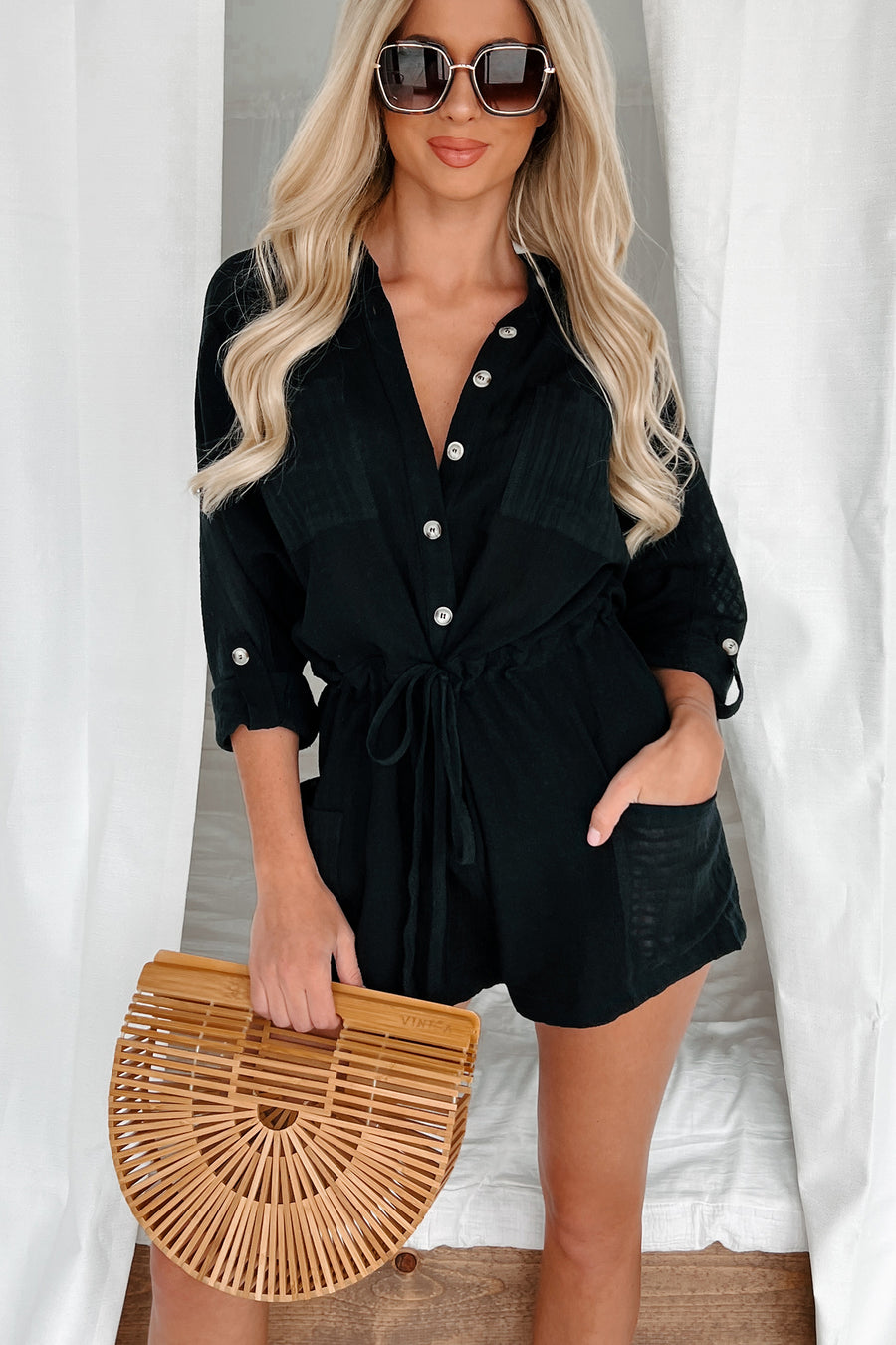 Kallie Linen Drawstring Waist Romper (Black) - NanaMacs