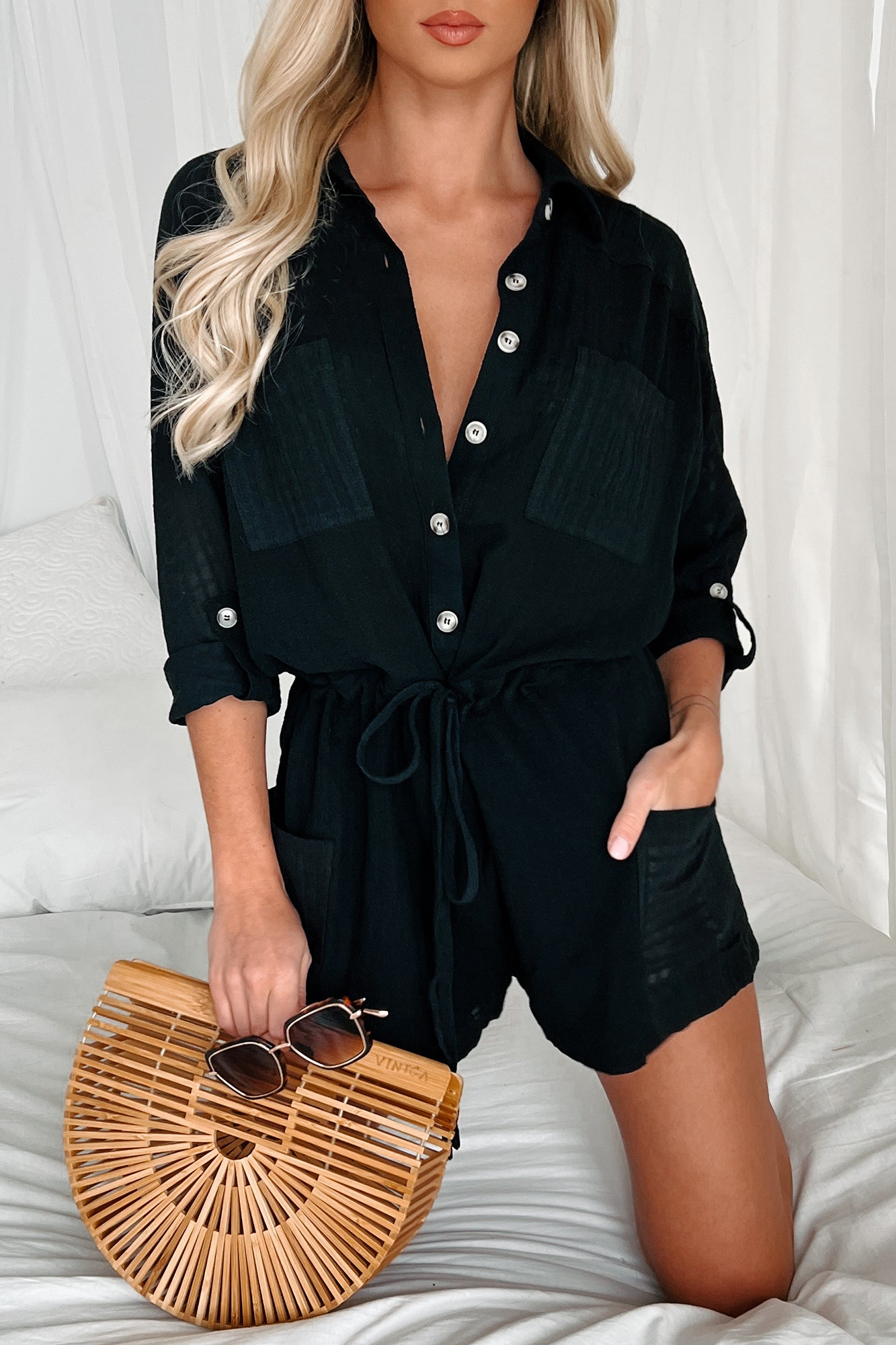 Kallie Linen Drawstring Waist Romper (Black) - NanaMacs