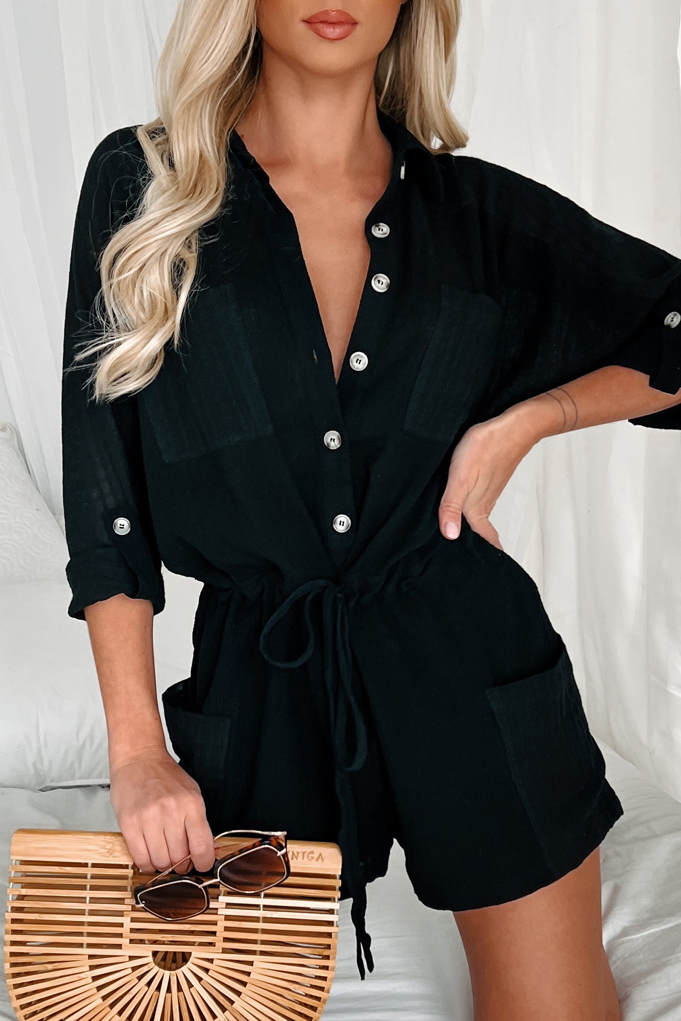 Kallie Linen Drawstring Waist Romper (Black) - NanaMacs