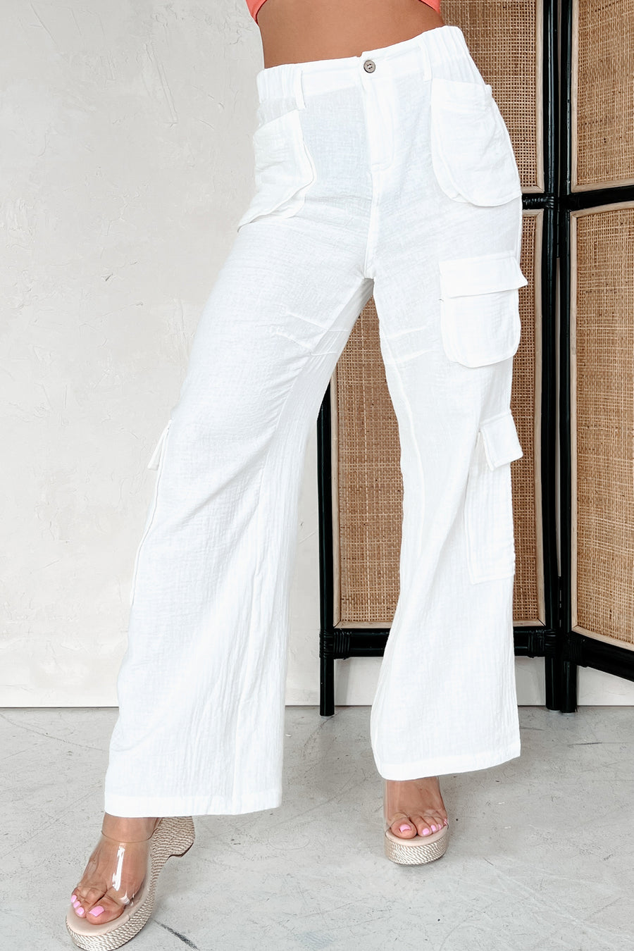 Trendy In Thailand Linen Cargo Pants (White) - NanaMacs