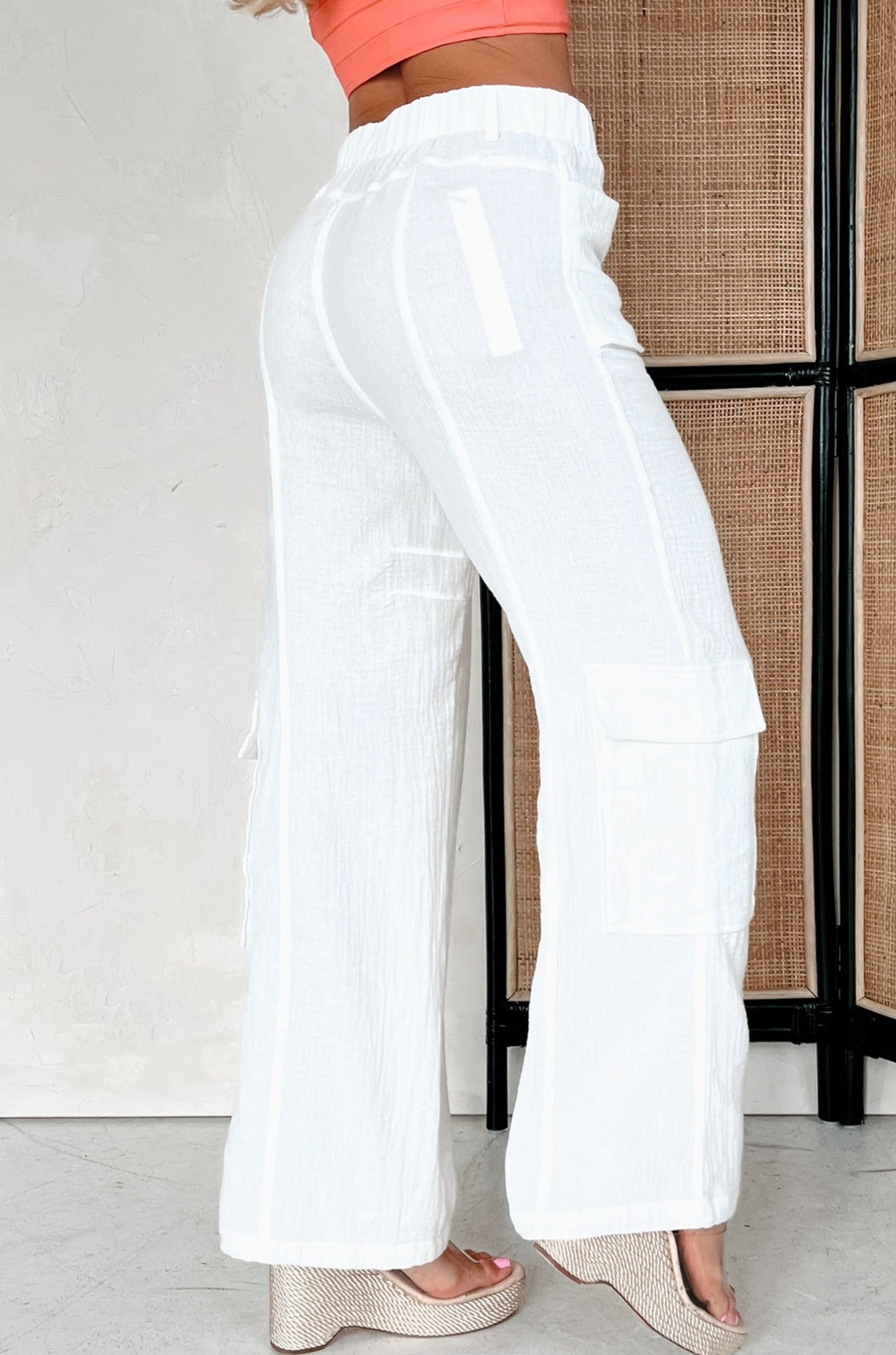 Trendy In Thailand Linen Cargo Pants (White) - NanaMacs