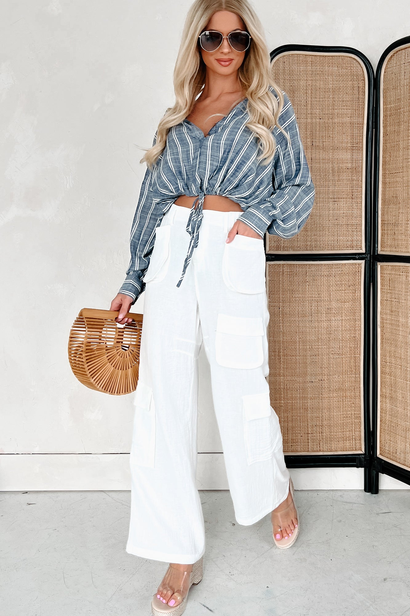 Trendy In Thailand Linen Cargo Pants (White) - NanaMacs