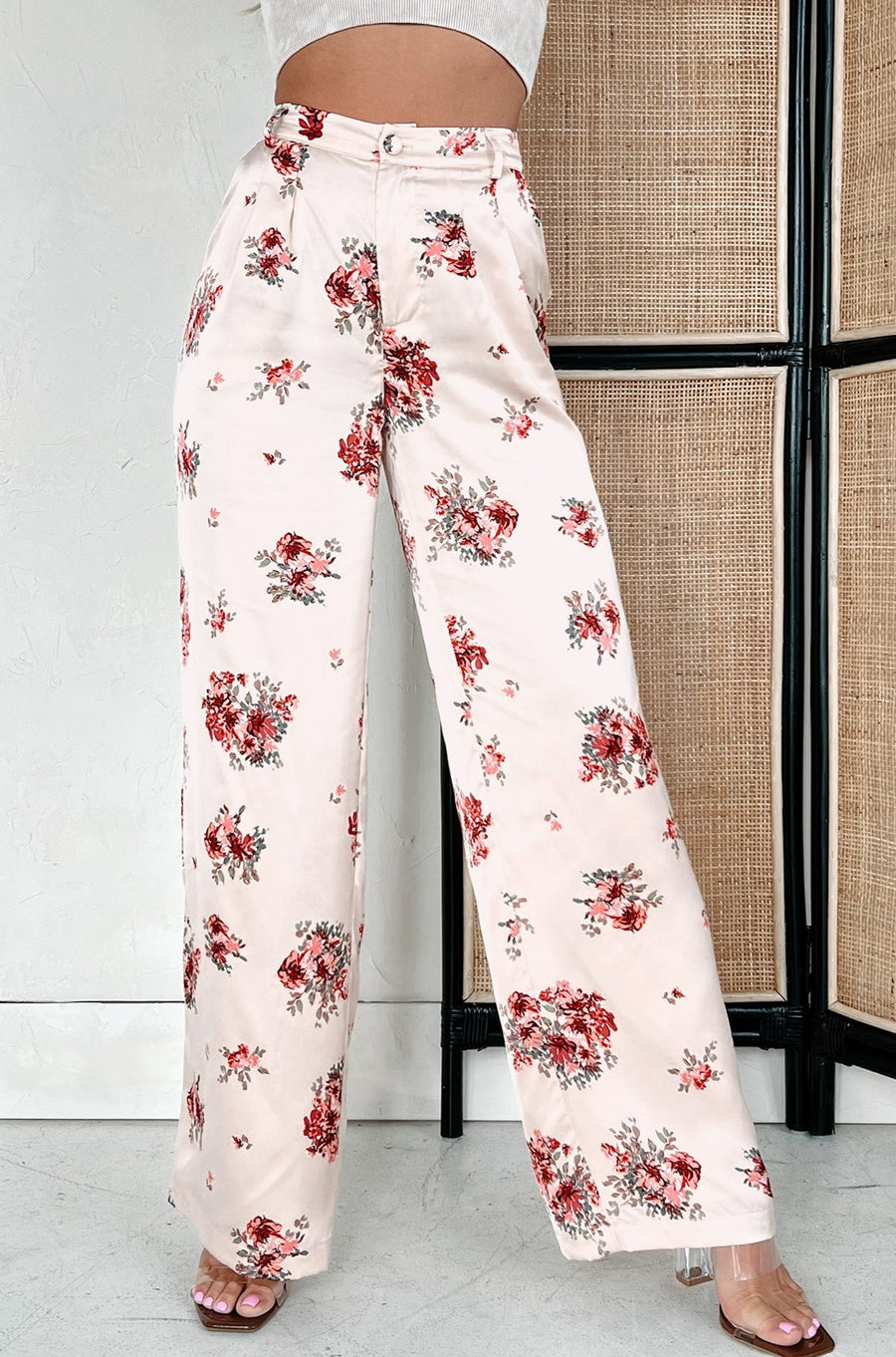 Positively Charming High Waisted Satin Floral Pants (Cream) - NanaMacs