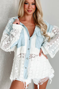 Ships By 6/3 Unique & Interesting Lace Crochet Button-Down Shirt (Denim)