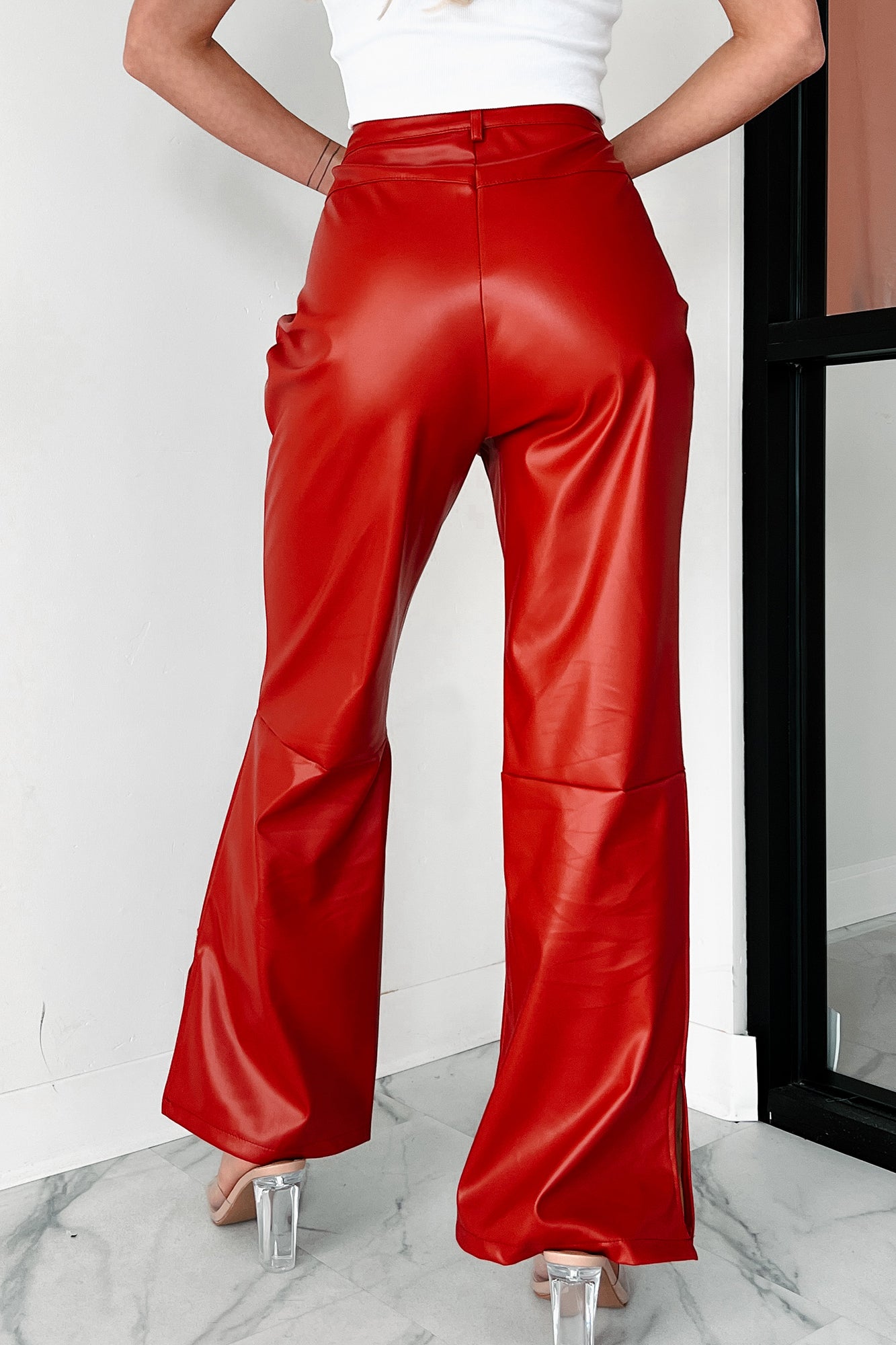 Faux Leather Bell Bottom Pants in Red