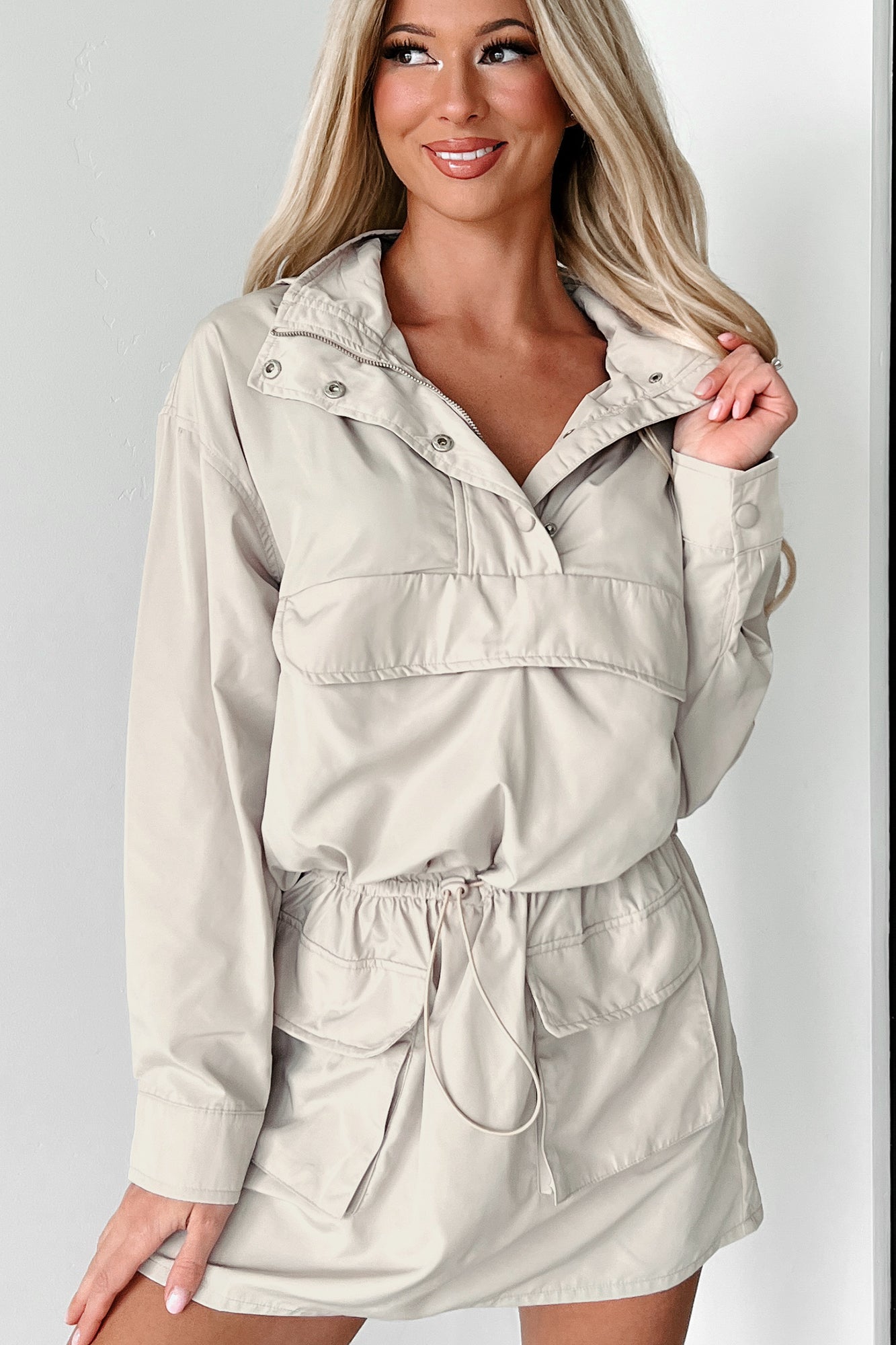 Wishing For Rain Windbreaker Dress (Beige) - NanaMacs