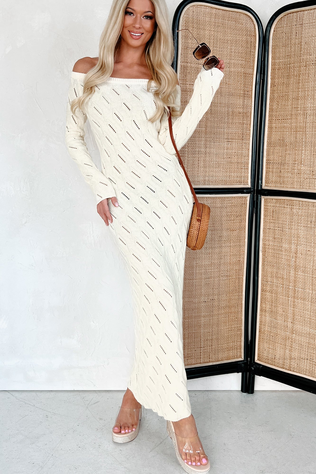 Women's Successfully Stylish Off The Shoulder Sweater Maxi Dress in Cream