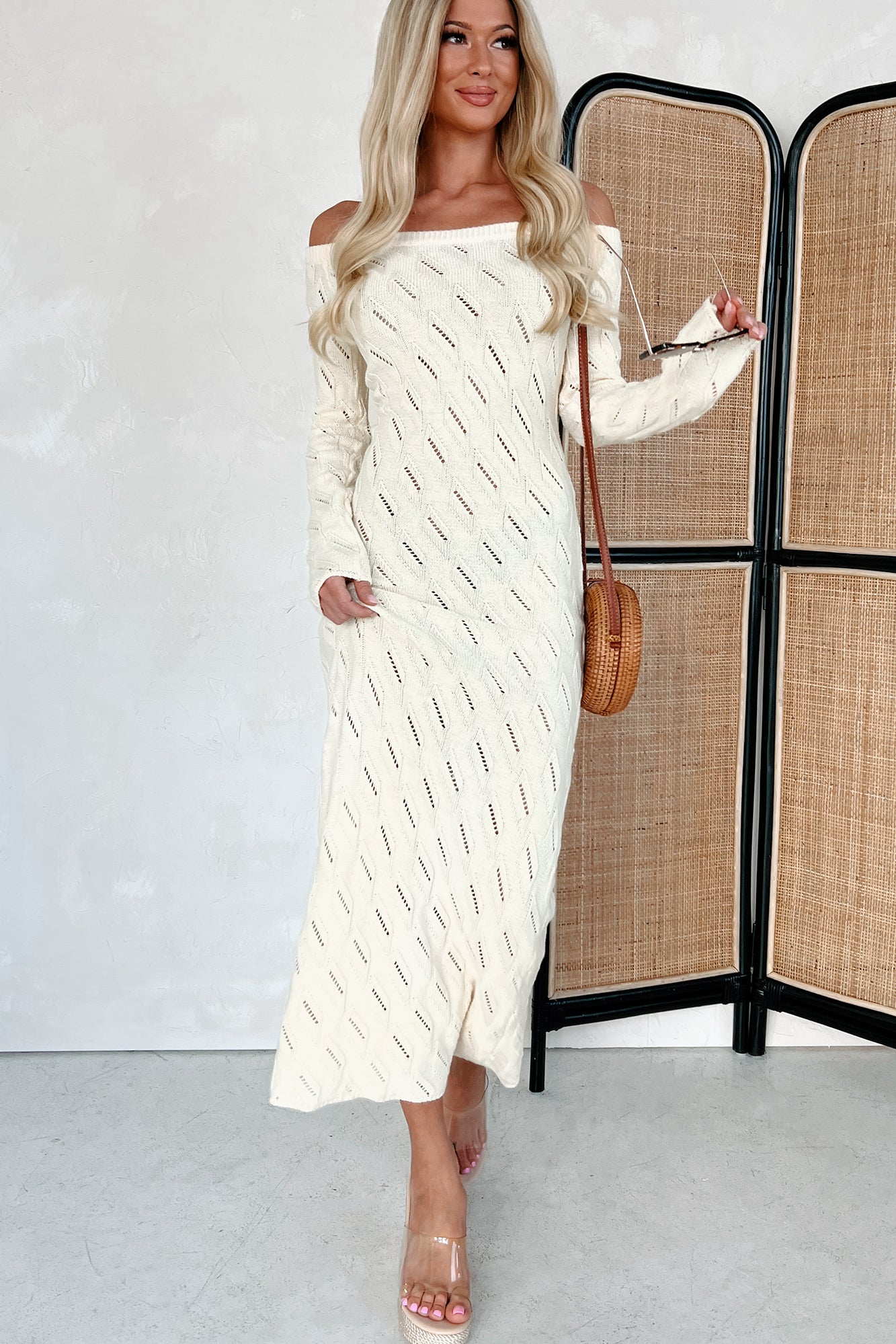 Successfully Stylish Off The Shoulder Sweater Maxi Dress (Cream