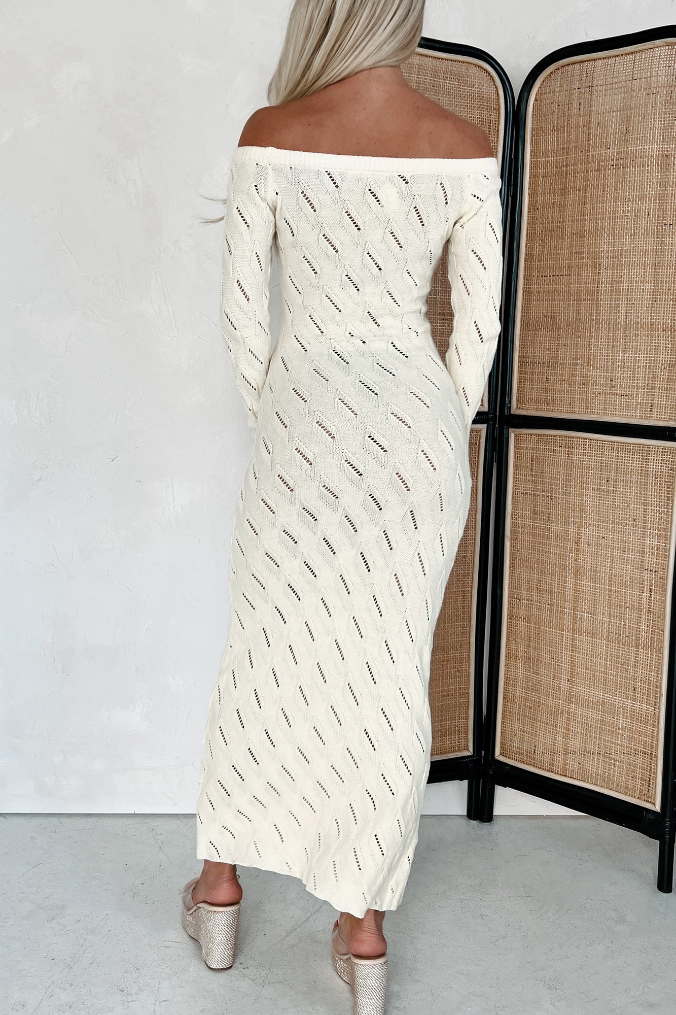 Women's Successfully Stylish Off The Shoulder Sweater Maxi Dress in Cream