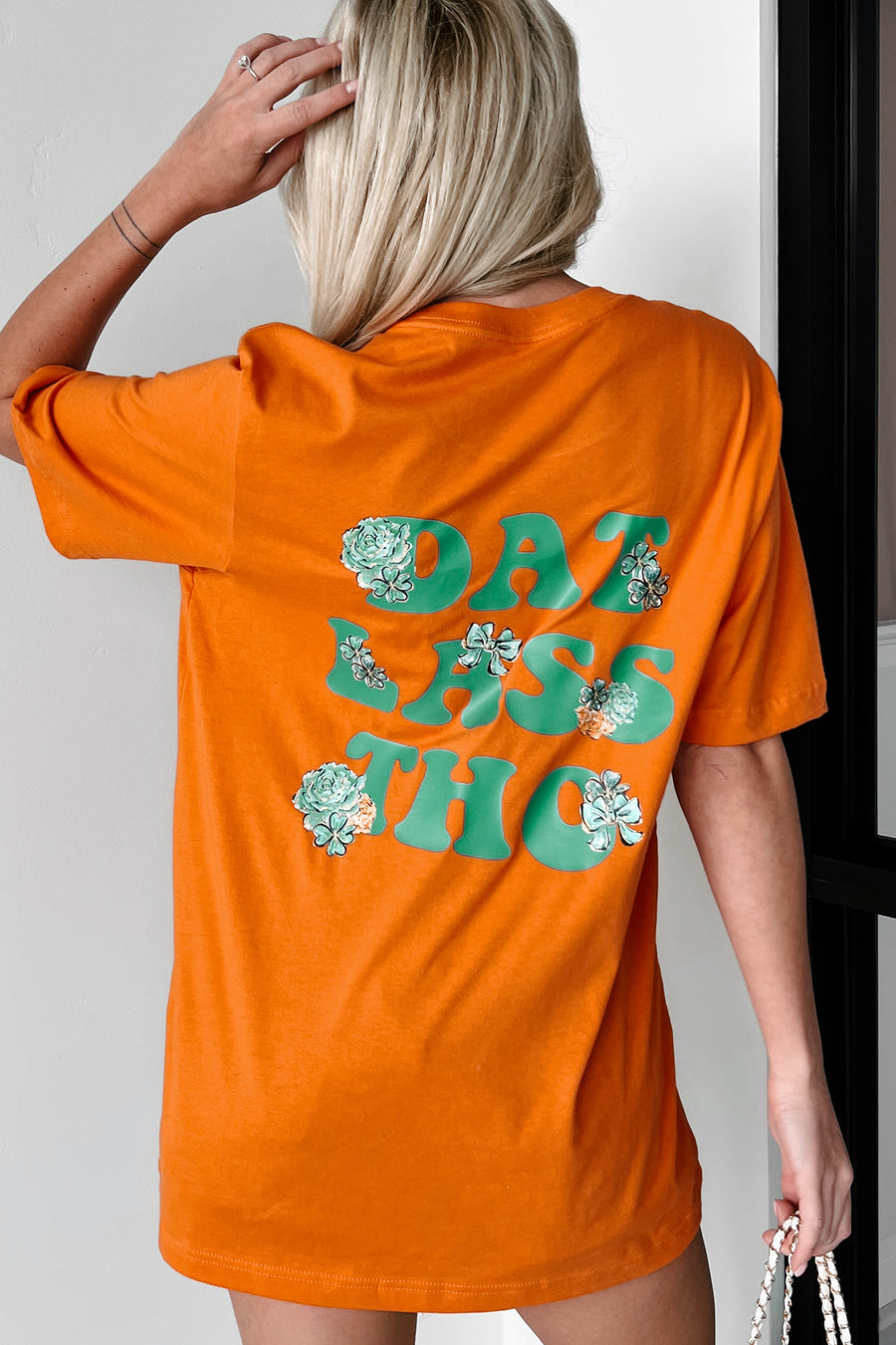 "Dat Lass Tho" Double-Sided Graphic T-Shirt (Orange) - Print On Demand - NanaMacs