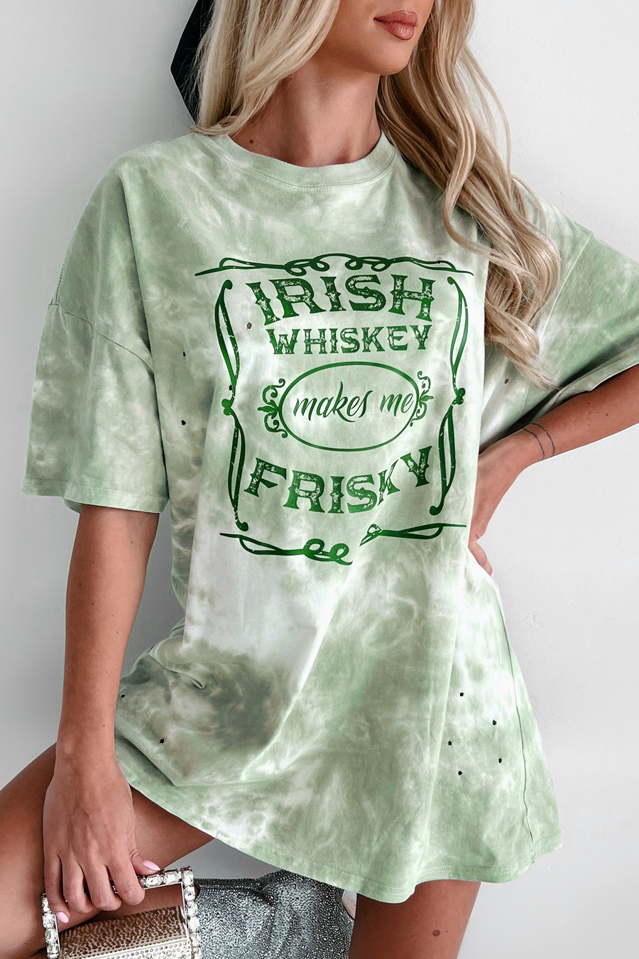 "Irish Whiskey Makes Me Frisky" Oversized Distressed Tie-Dye Graphic T-Shirt (Pastel Green) - Print On Demand - NanaMacs