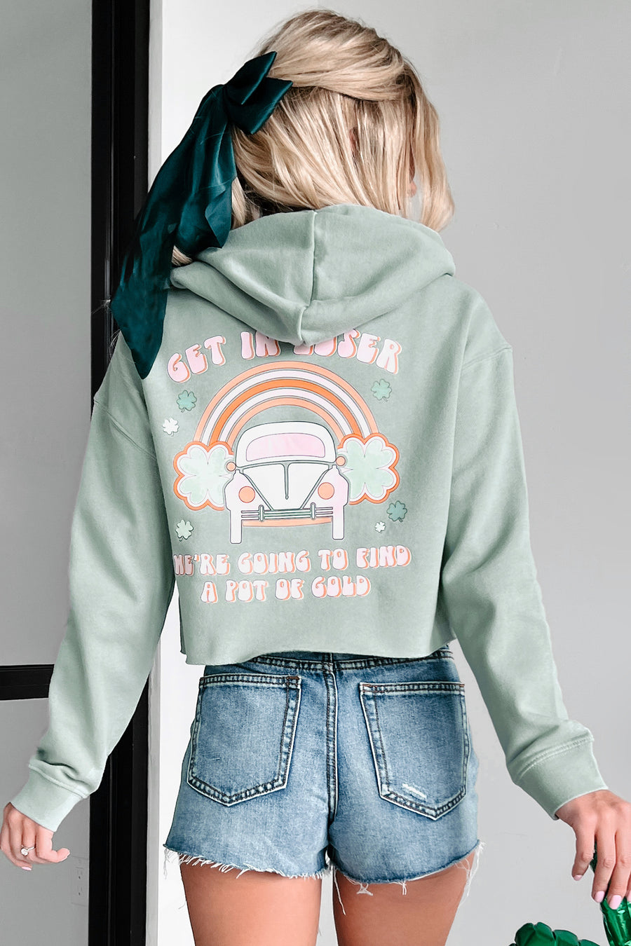 "Get In Loser" Double-Sided Graphic Crop Hoodie (Sage) - Print On Demand - NanaMacs