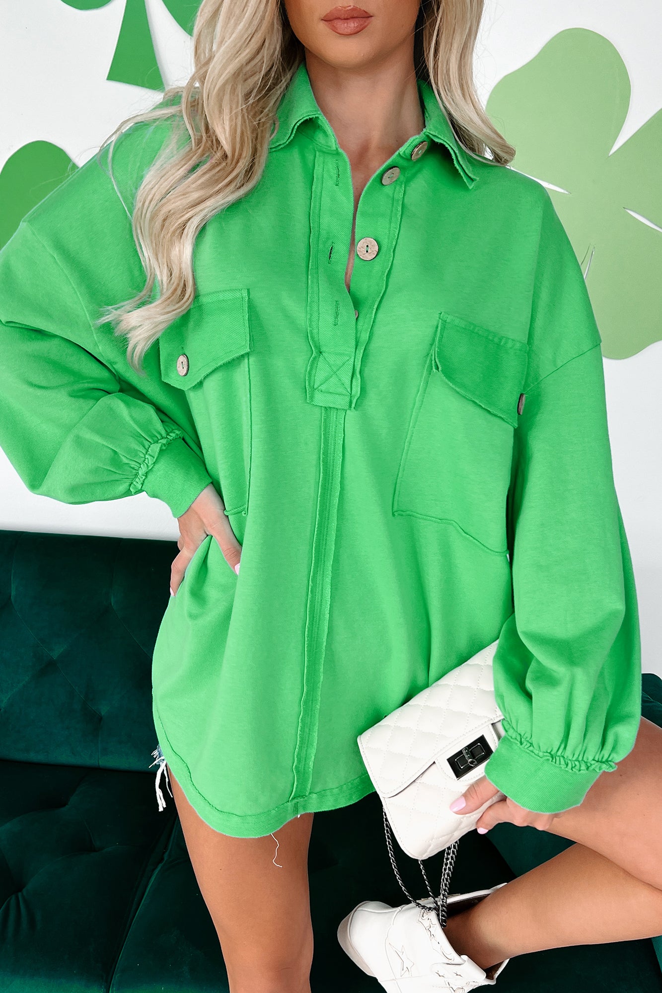 Triona Oversized Long Sleeve Collared Shirt (Apple Green) - NanaMacs