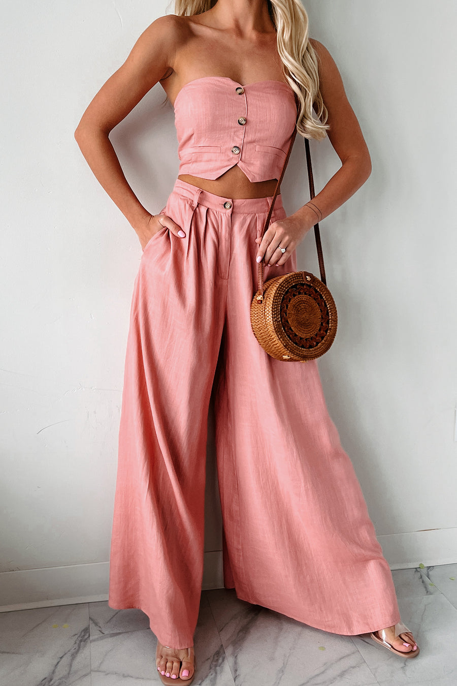True Sophistication Strapless Crop Top & Pants Set (Dark Pink) - NanaMacs