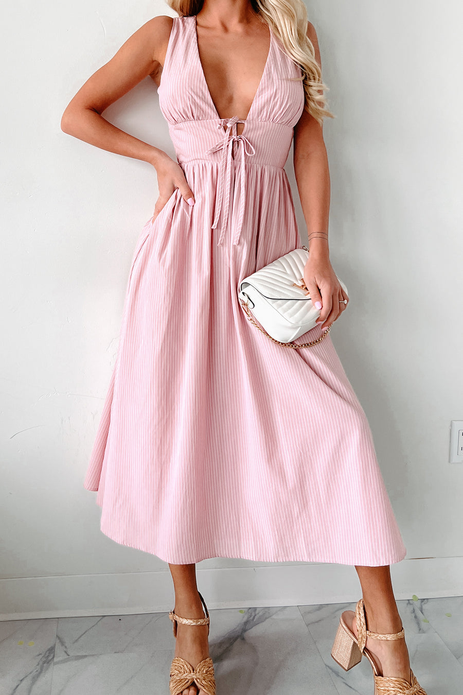 Always Charismatic Pinstripe Midi Dress (Pink/White Stripe) - NanaMacs