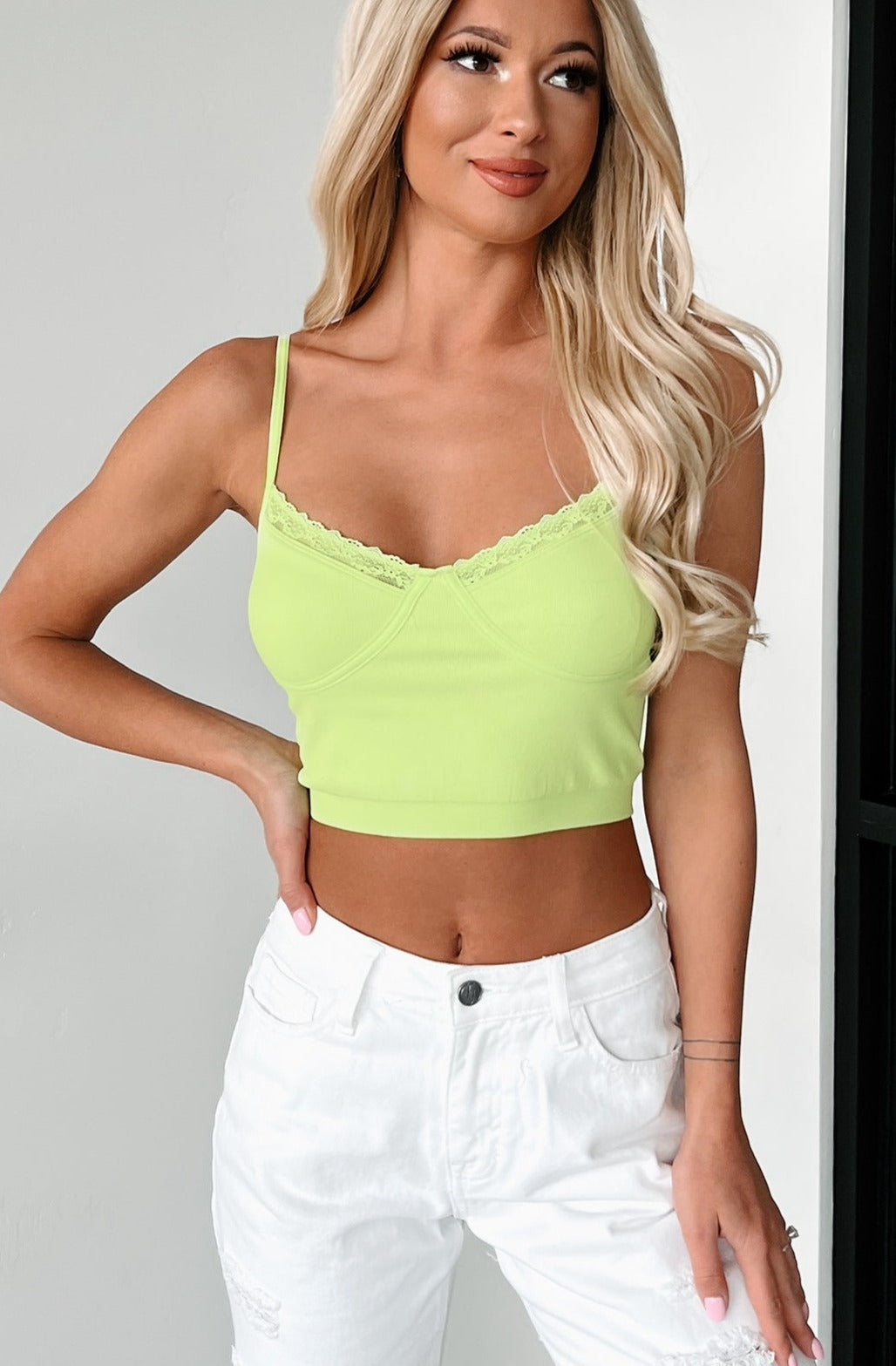 Dedicated To The Truth Lace Trim Cami Crop Top (Lime) - NanaMacs