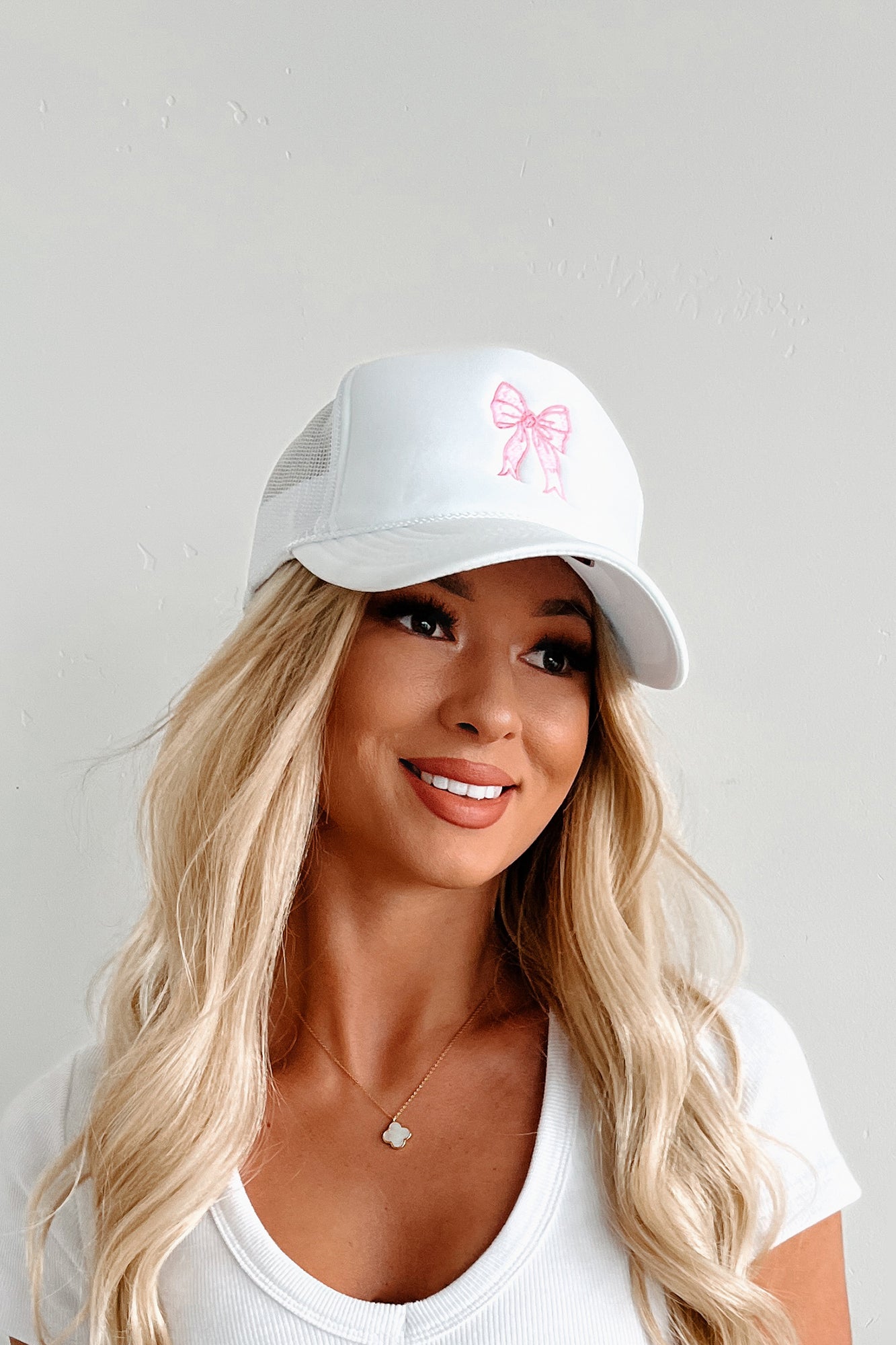 Cap-tivating Creations Bow Embroidered Trucker Hat (White) - NanaMacs
