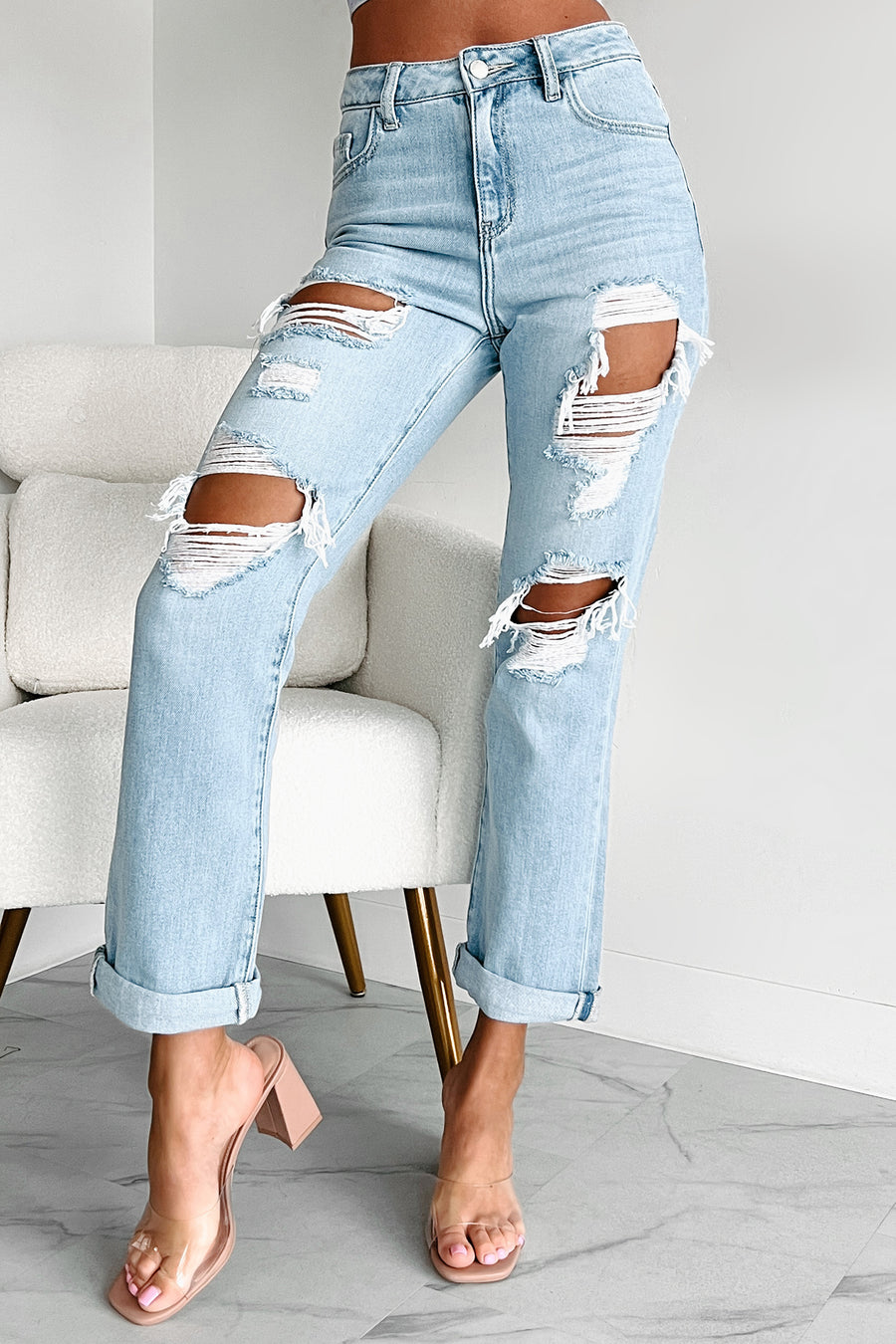 Katya High Rise Distressed Button Fly Jeans - Dark Wash - Eleven
