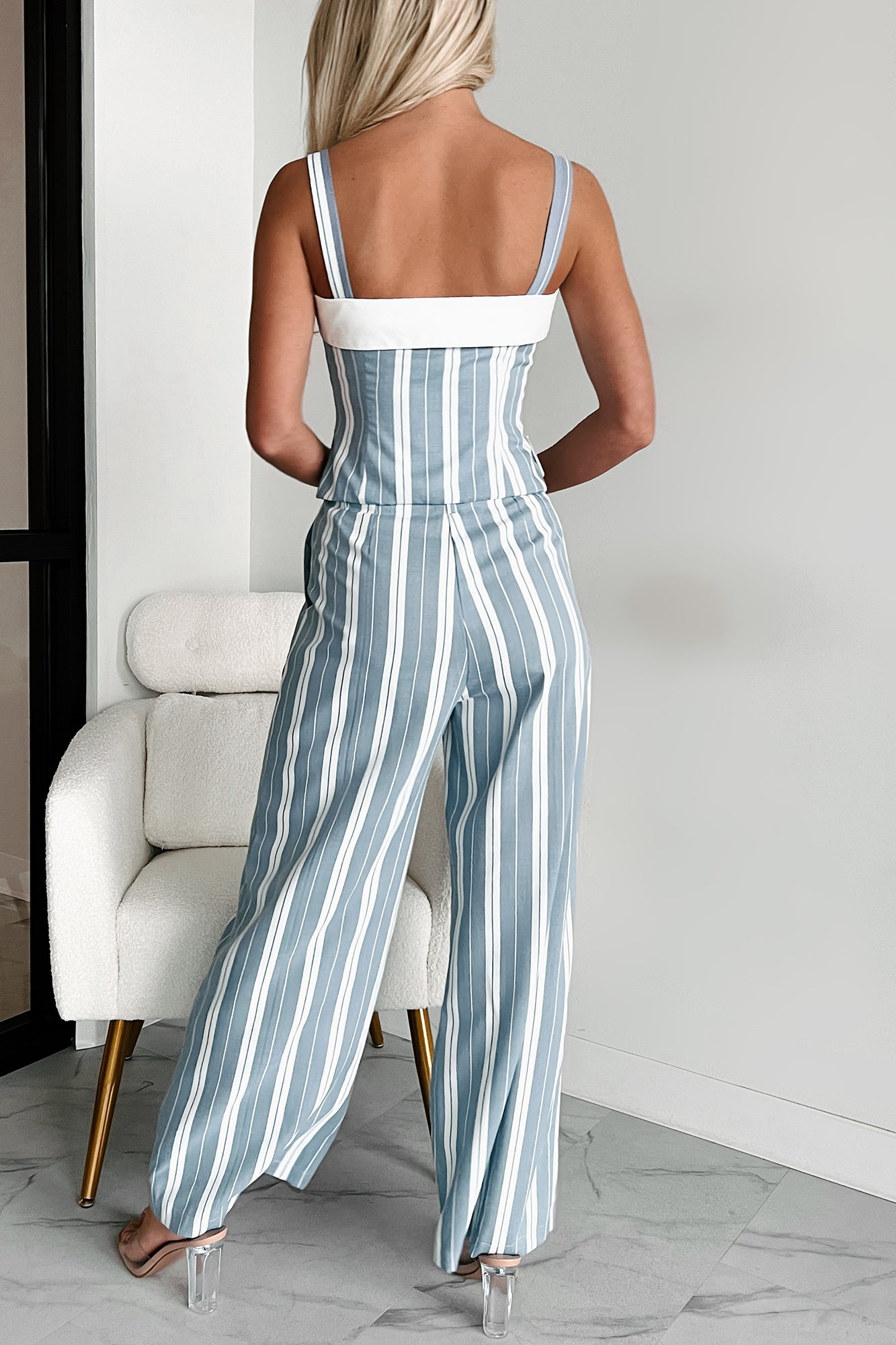 Strictly Professional Striped Two-Piece Pant Set (Dusty Blue/White) - NanaMacs