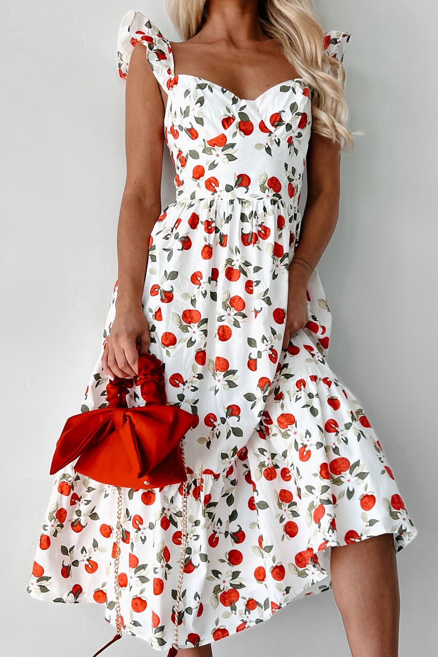 Orchard Views Apple Blossom Printed Midi Dress (Red/White) - NanaMacs