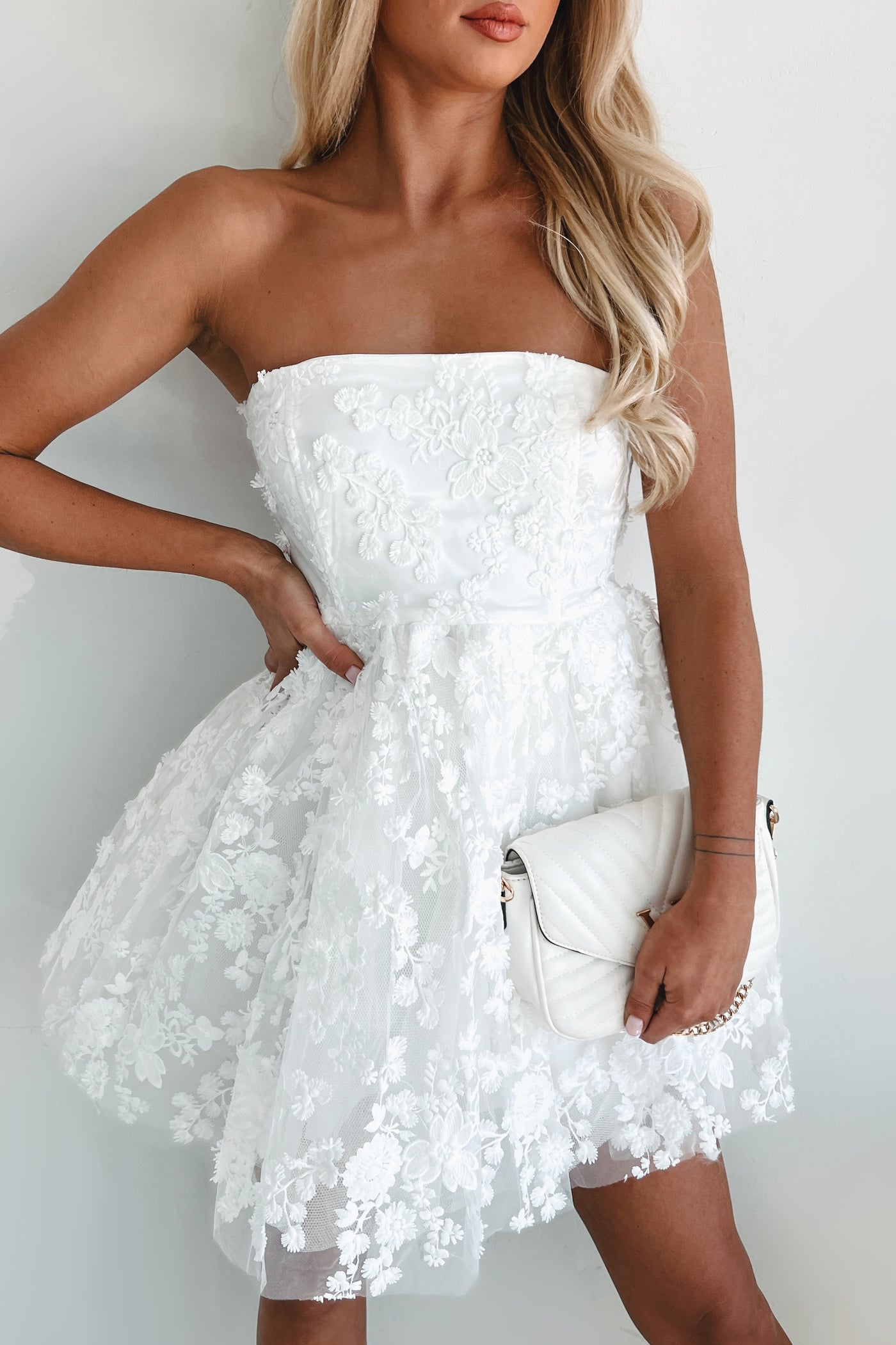 Endearing Romance Strapless Floral Applique Mini Dress (Off White) - NanaMacs