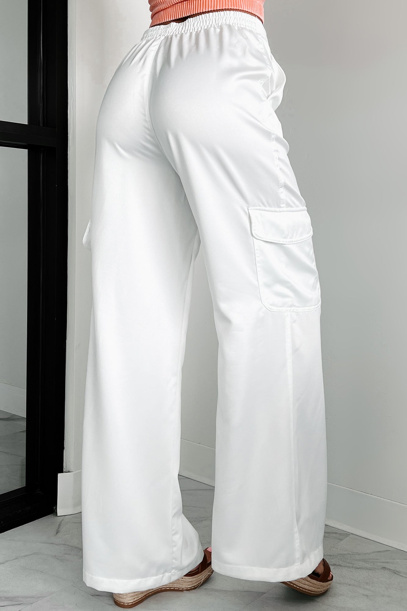 Clearing The Air Wide Leg Satin Cargo Pants (Off White) - NanaMacs