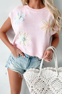 Falling All Over Again Yarn Flower Crop Sweater (Pink) - NanaMacs