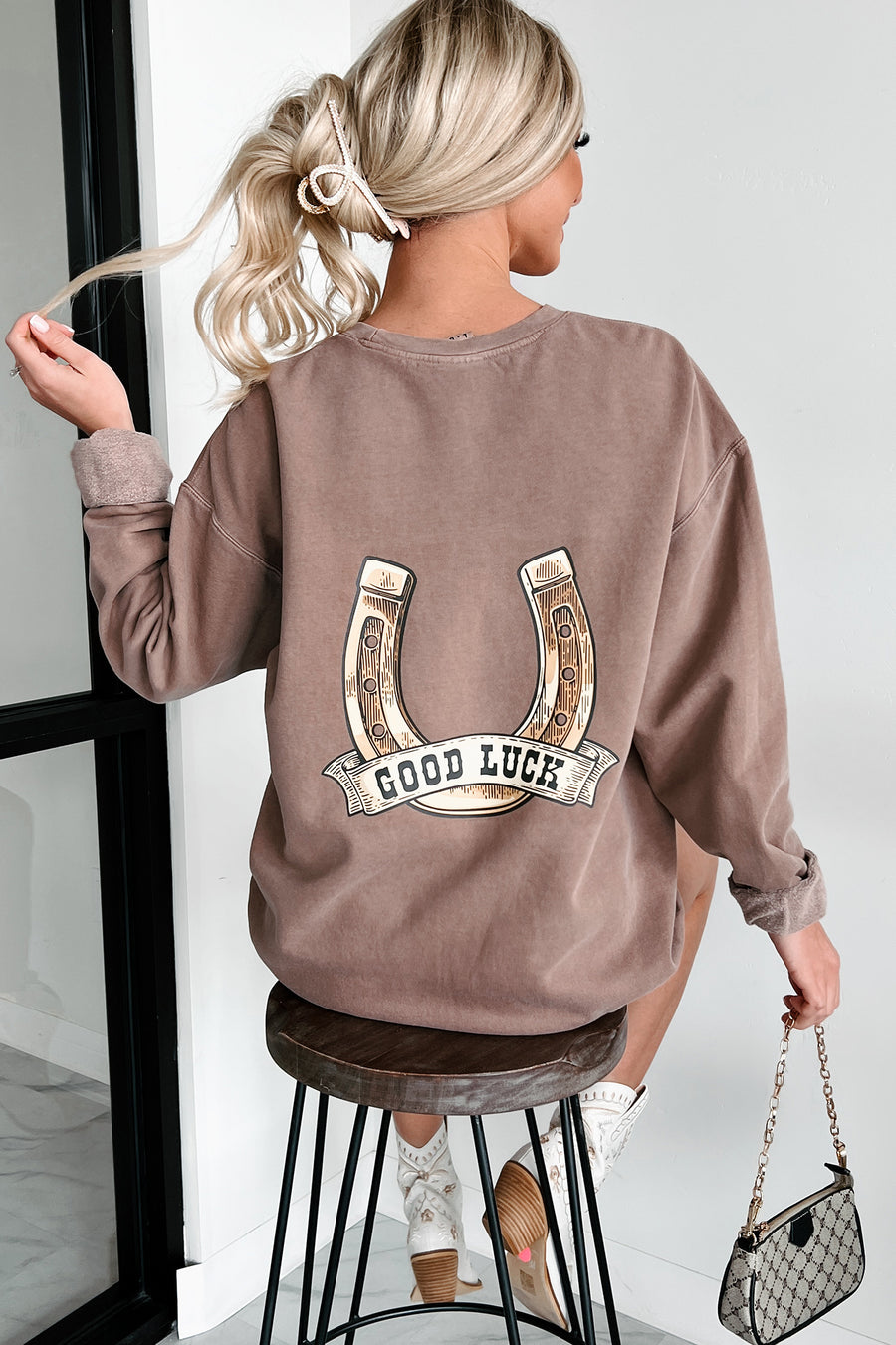Lucky Cowgirl Double-Sided Graphic Crewneck (Espresso) - Print On Demand - NanaMacs