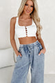 Better Than Ever Ribbed Pearl Button Crop Tank (White) - NanaMacs