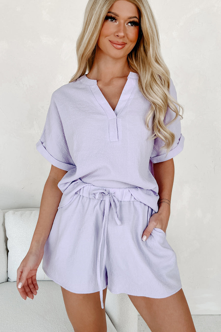 Simple For Summer Textured Top & Shorts Set (Lavender) - NanaMacs